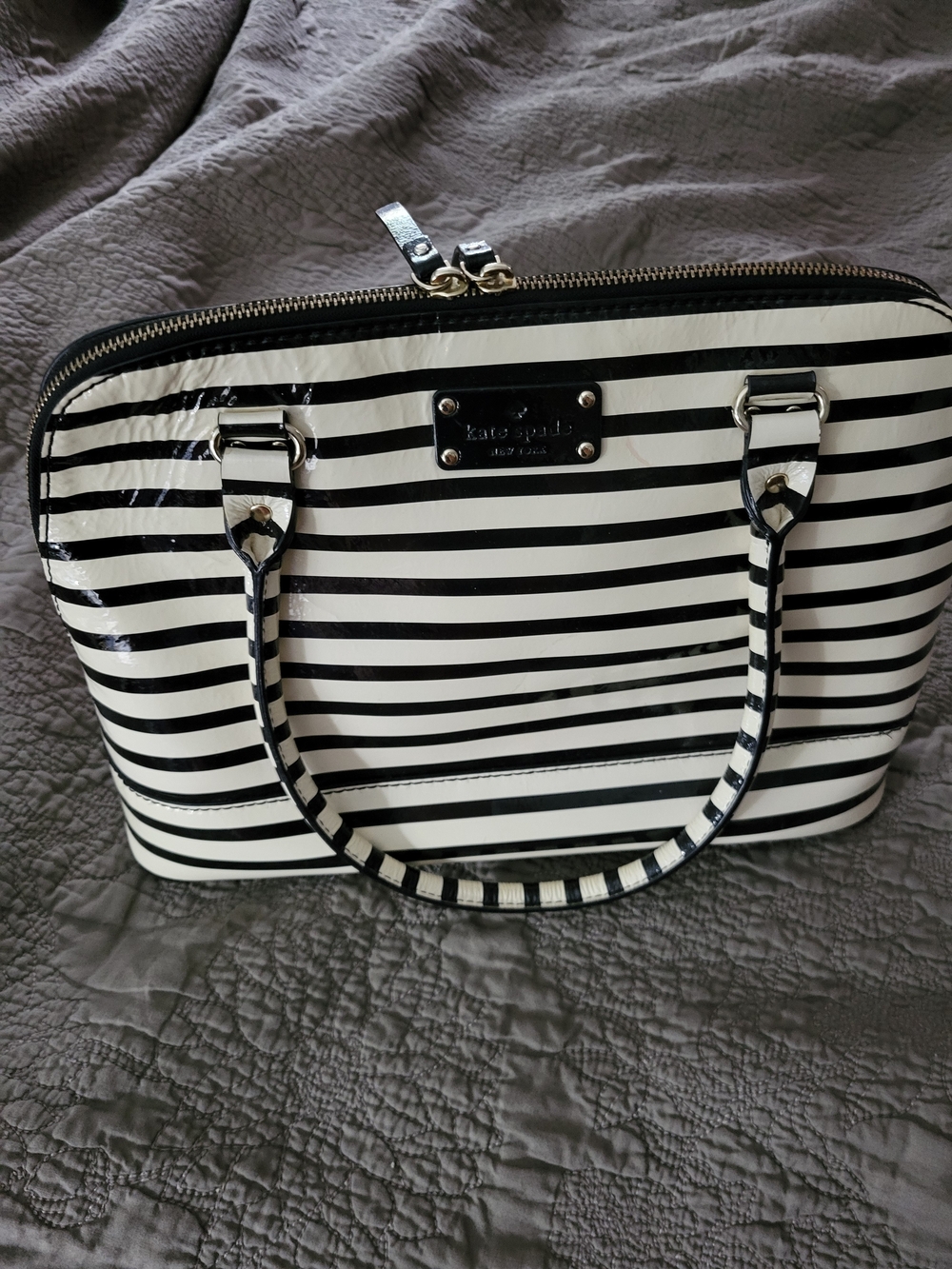 Kate Spade Black and White Striped Patent Leather Satchel